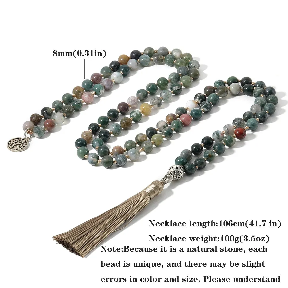 8mm Indian Agate Knot Necklace Bracelet 108 Mala Beads Set Meditation Prayer Yoga Japamala Jewelry