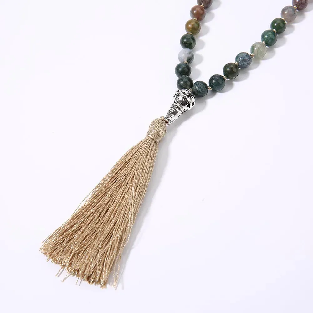 8mm Indian Agate Knot Necklace Bracelet 108 Mala Beads Set Meditation Prayer Yoga Japamala Jewelry