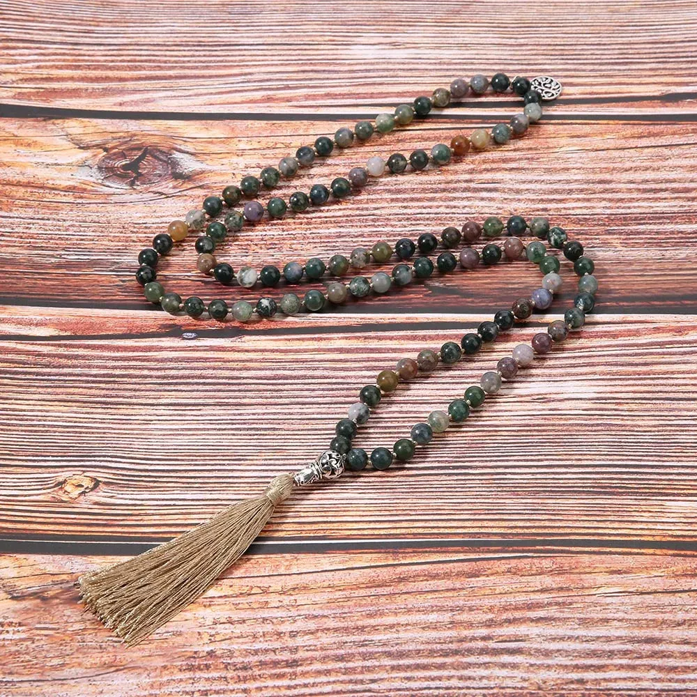 8mm Indian Agate Knot Necklace Bracelet 108 Mala Beads Set Meditation Prayer Yoga Japamala Jewelry