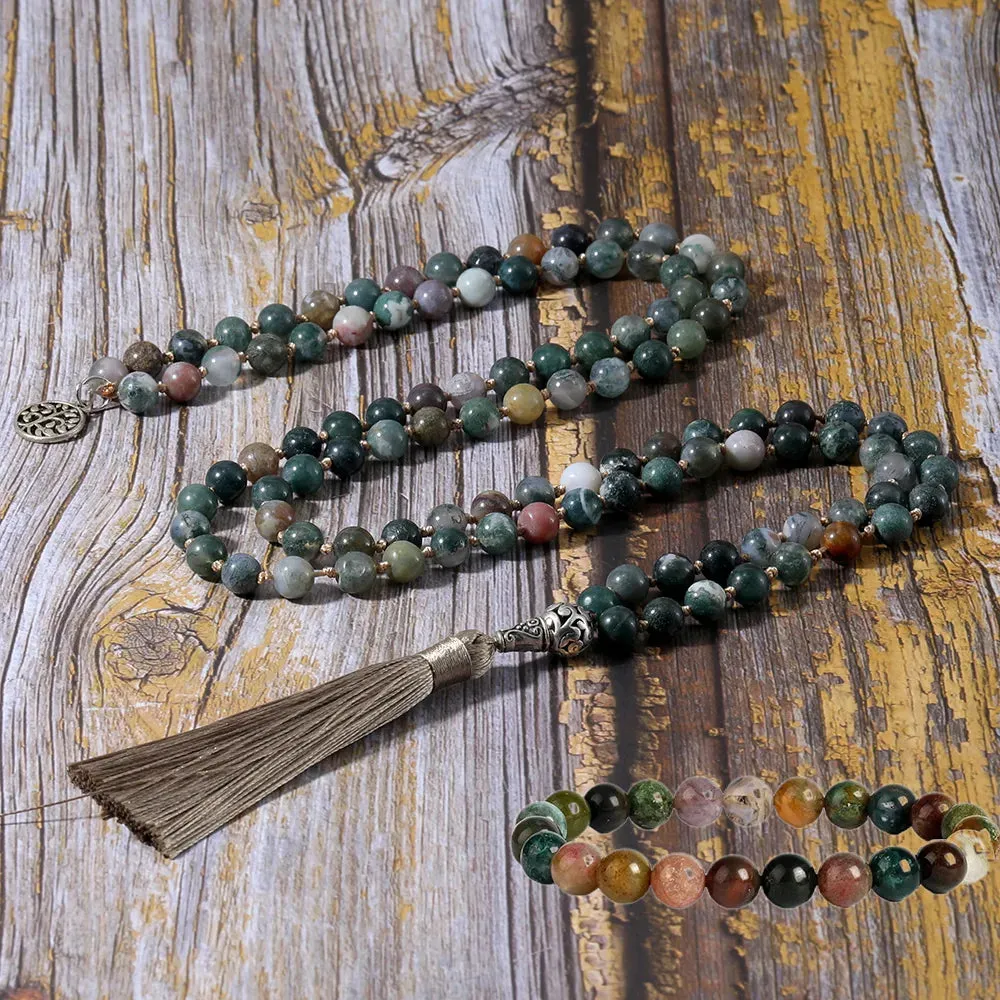 8mm Indian Agate Knot Necklace Bracelet 108 Mala Beads Set Meditation Prayer Yoga Japamala Jewelry