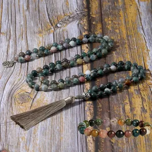 8mm Indian Agate Knot Necklace Bracelet 108 Mala Beads Set Meditation Prayer Yoga Japamala Jewelry