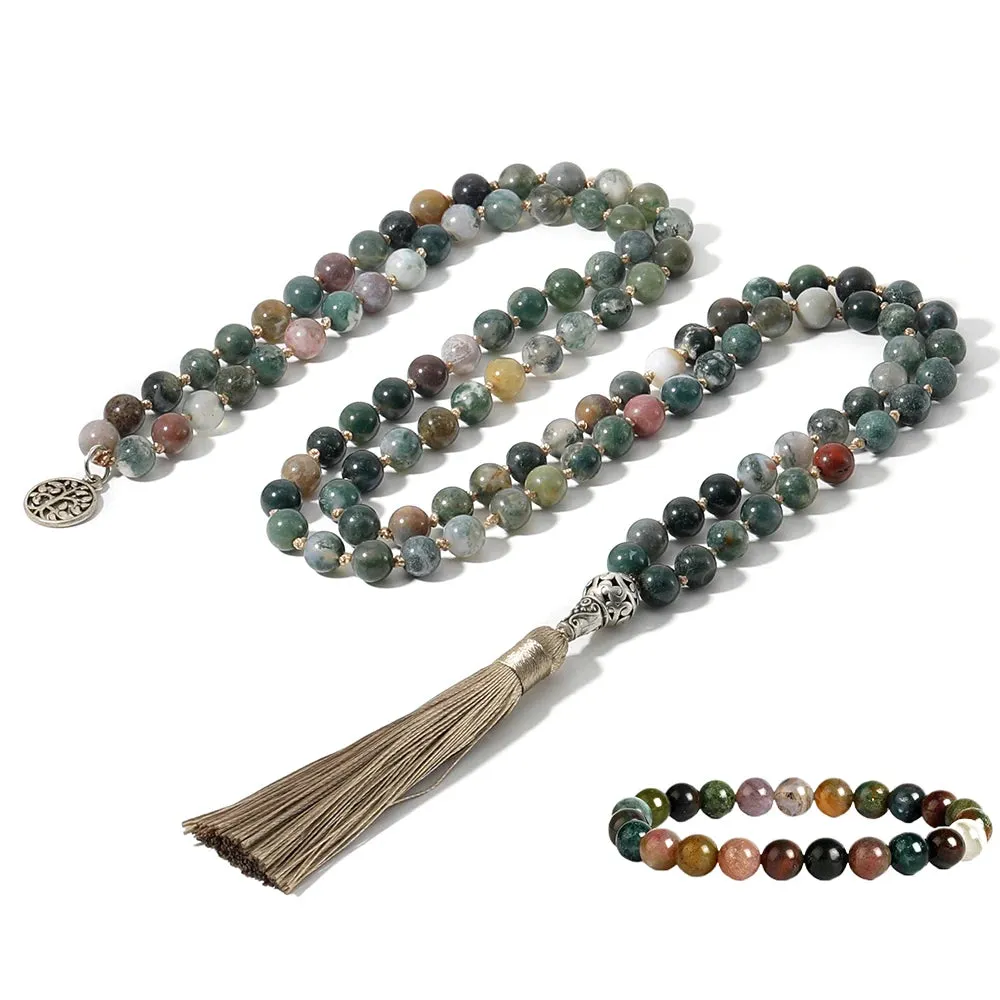 8mm Indian Agate Knot Necklace Bracelet 108 Mala Beads Set Meditation Prayer Yoga Japamala Jewelry