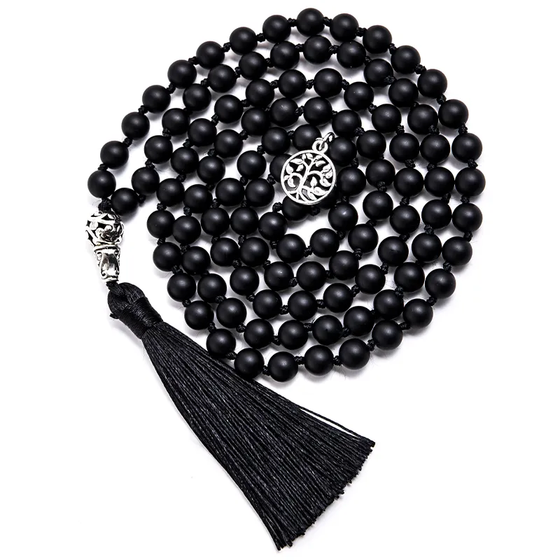 8mm Matte Black Agate Beads Knotted 108 Mala Necklace