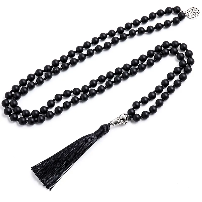 8mm Matte Black Agate Beads Knotted 108 Mala Necklace
