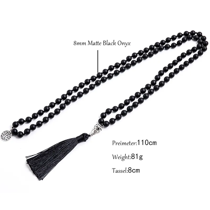 8mm Matte Black Agate Beads Knotted 108 Mala Necklace