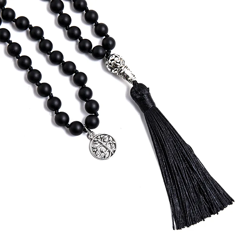 8mm Matte Black Agate Beads Knotted 108 Mala Necklace