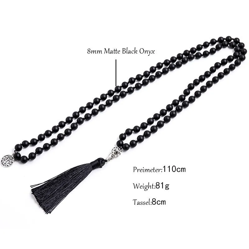 8mm Matte Black Agate Beads Knotted 108 Mala Necklace