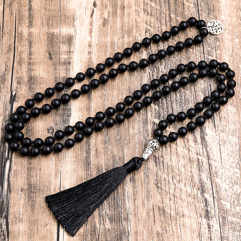 8mm Matte Black Agate Beads Knotted 108 Mala Necklace