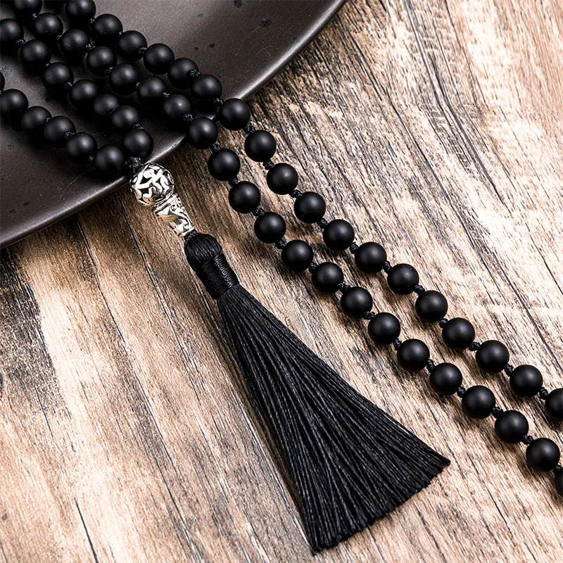 8mm Matte Black Agate Beads Knotted 108 Mala Necklace