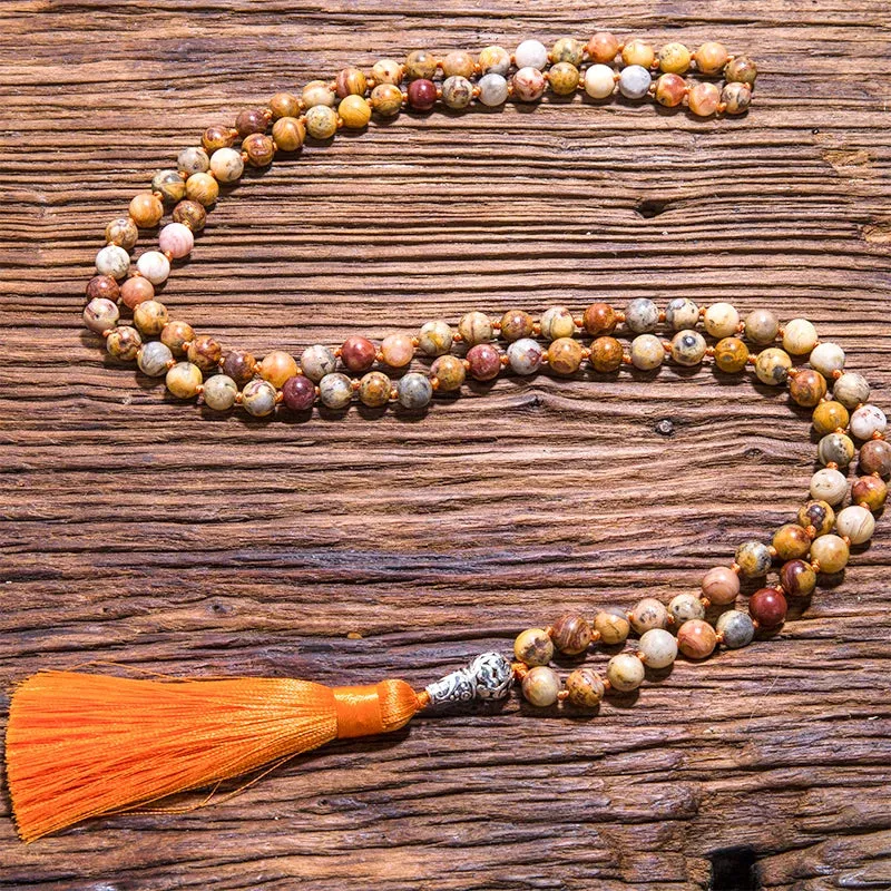 8mm Natural Crazy Agate Beaded Knotted 108Japa Mala Necklace Meditation