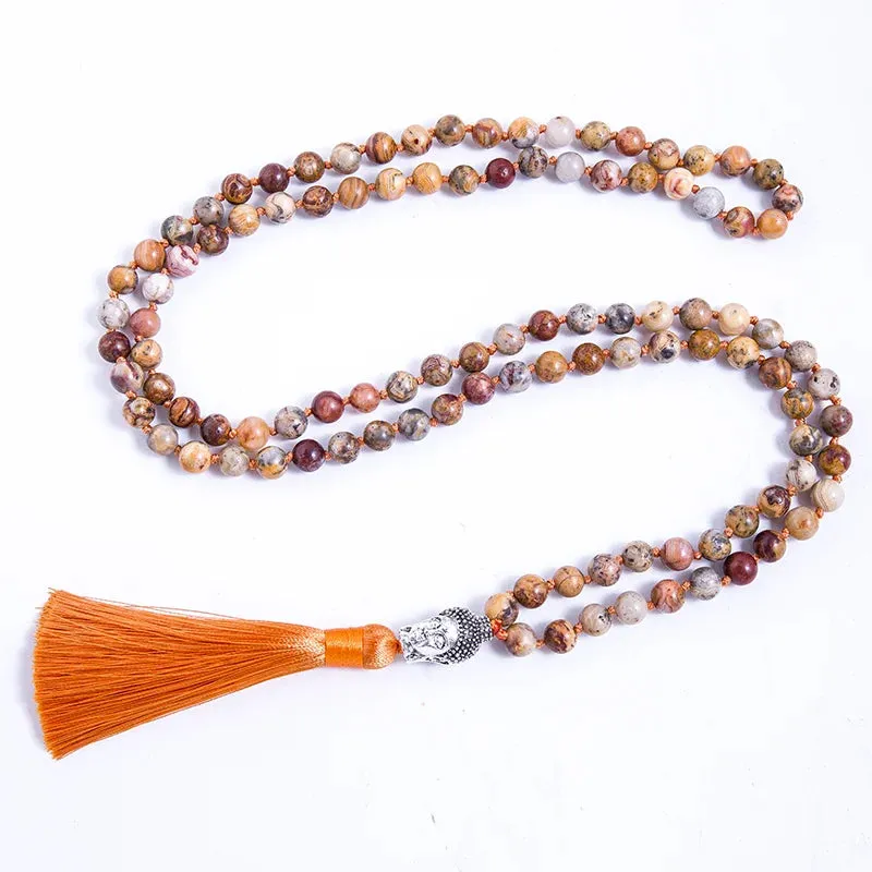 8mm Natural Crazy Agate Beaded Knotted 108Japa Mala Necklace Meditation