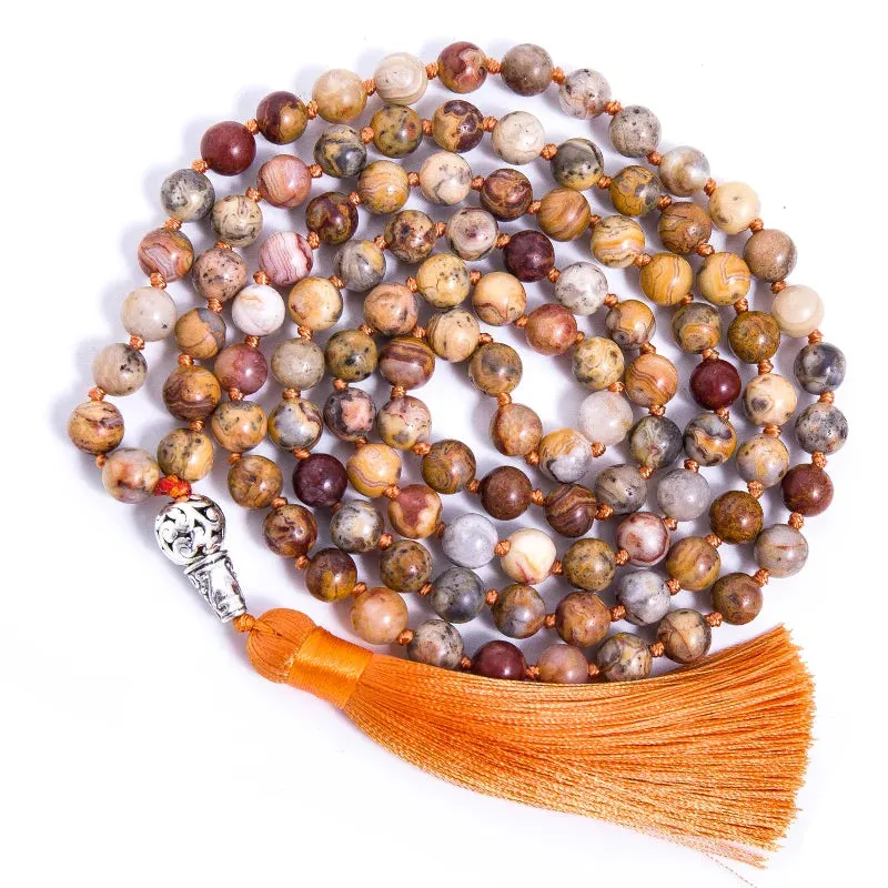 8mm Natural Crazy Agate Beaded Knotted 108Japa Mala Necklace Meditation