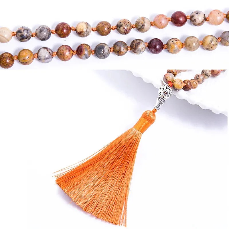 8mm Natural Crazy Agate Beaded Knotted 108Japa Mala Necklace Meditation