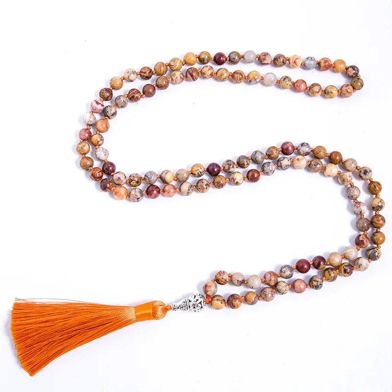 8mm Natural Crazy Agate Beaded Knotted 108Japa Mala Necklace Meditation