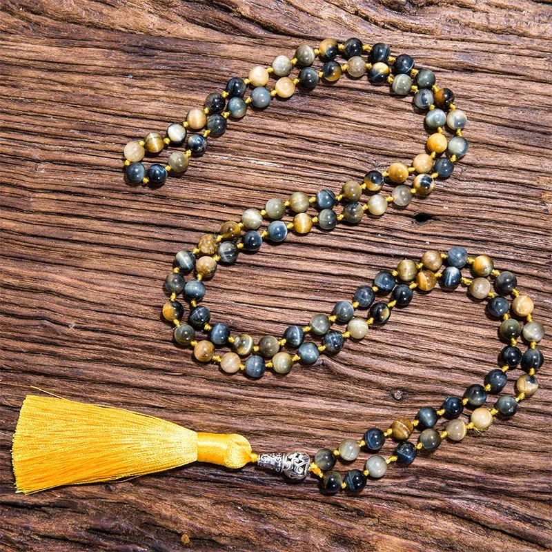 8mm Natural Dream Tiger Eye Beaded Knot 108 Japamala Necklace Meditation Yoga Blessing Rosary