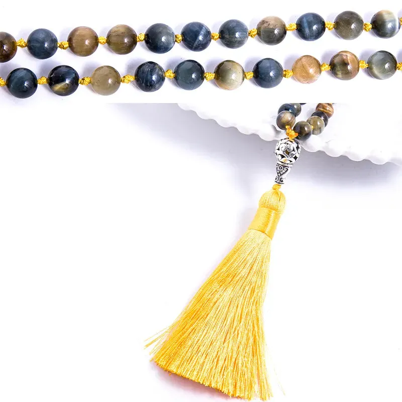 8mm Natural Dream Tiger Eye Beaded Knot 108 Japamala Necklace Meditation Yoga Blessing Rosary