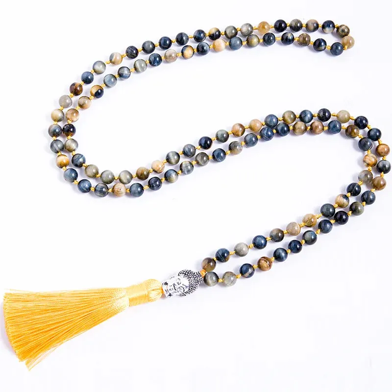 8mm Natural Dream Tiger Eye Beaded Knot 108 Japamala Necklace Meditation Yoga Blessing Rosary