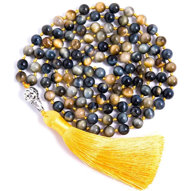 8mm Natural Dream Tiger Eye Beaded Knot 108 Japamala Necklace Meditation Yoga Blessing Rosary