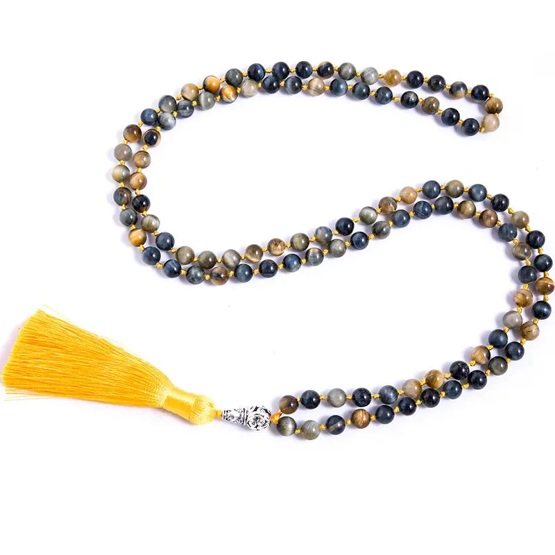 8mm Natural Dream Tiger Eye Beaded Knot 108 Japamala Necklace Meditation Yoga Blessing Rosary