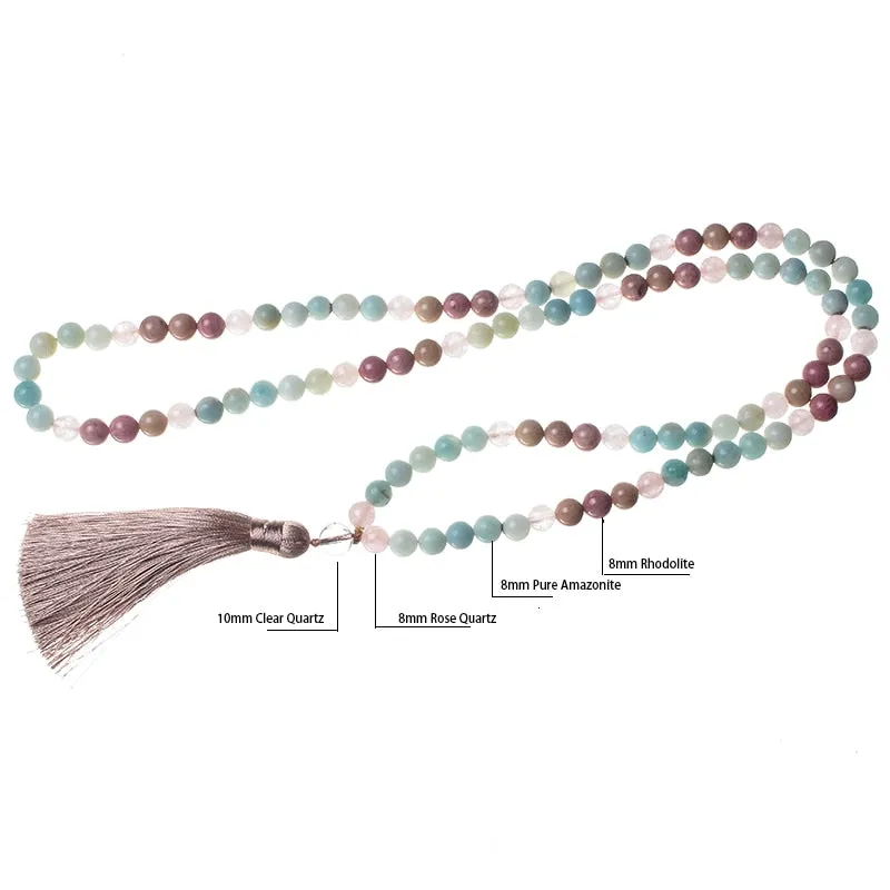 8mm Natural Rhodolite and Rose Quartz  Amazonite Tassel Necklace