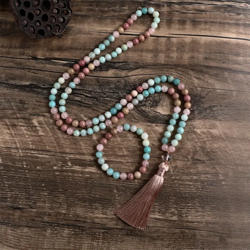 8mm Natural Rhodolite and Rose Quartz  Amazonite Tassel Necklace