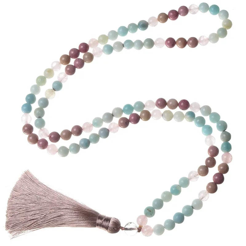 8mm Natural Rhodolite and Rose Quartz  Amazonite Tassel Necklace