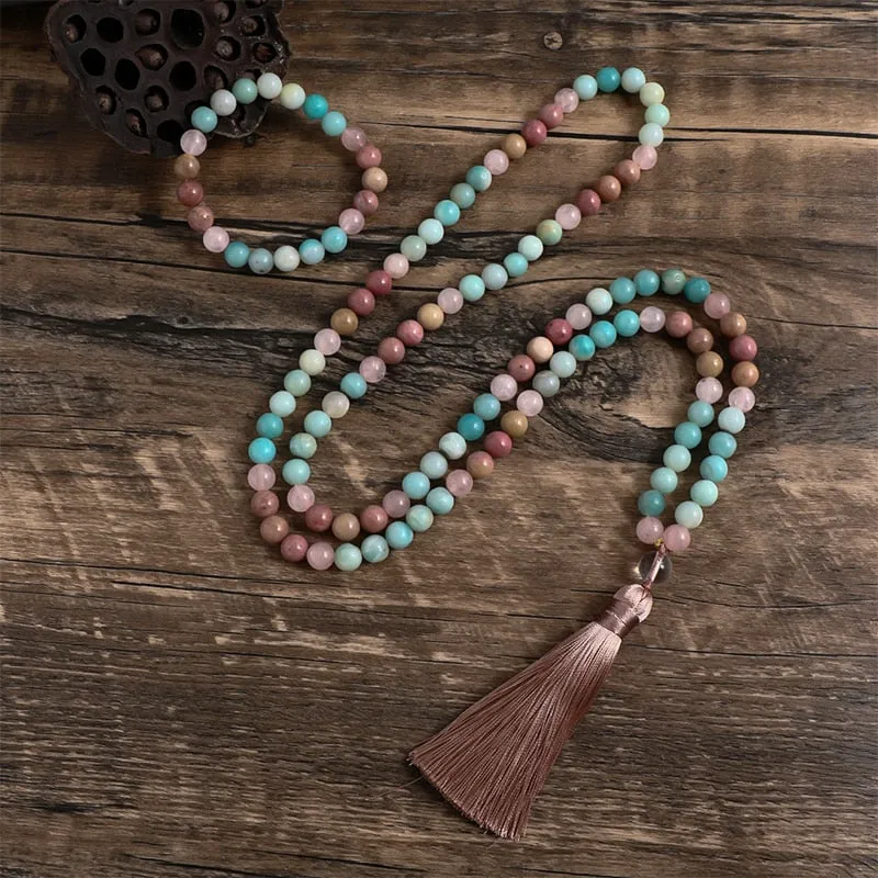8mm Natural Rhodolite and Rose Quartz  Amazonite Tassel Necklace