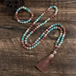 8mm Natural Rhodolite and Rose Quartz  Amazonite Tassel Necklace