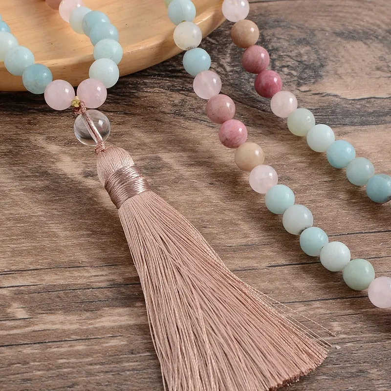 8mm Natural Rhodolite and Rose Quartz  Amazonite Tassel Necklace