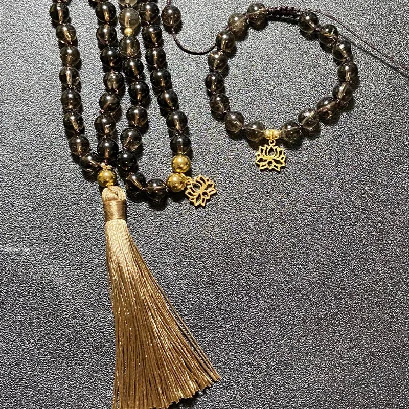 8mm Natural Smoky Quartz Beaded Knotted Mala Necklace Meditation Yoga Healing Jewelry Bracelet Set