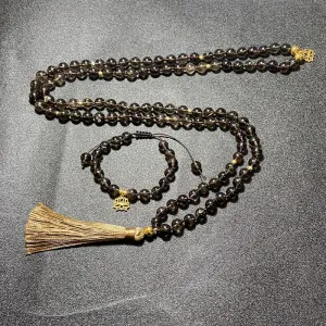 8mm Natural Smoky Quartz Beaded Knotted Mala Necklace Meditation Yoga Healing Jewelry Bracelet Set