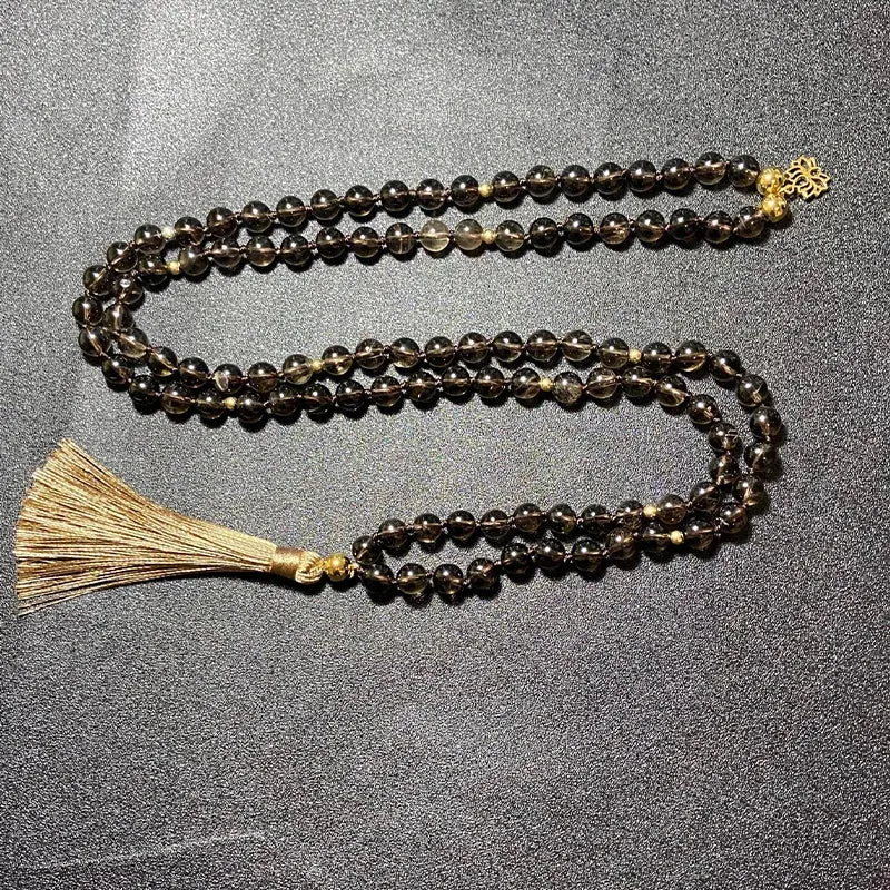 8mm Natural Smoky Quartz Beaded Knotted Mala Necklace Meditation Yoga Healing Jewelry Bracelet Set