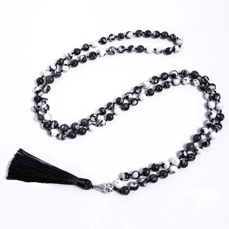 8mm Natural Zebra Stone Beaded Knotted Necklace 108 Japamala Rosary Yoga Blessing Jewelry