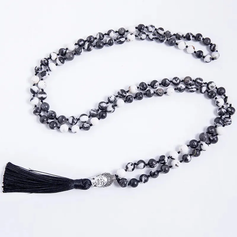 8mm Natural Zebra Stone Beaded Knotted Necklace 108 Japamala Rosary Yoga Blessing Jewelry