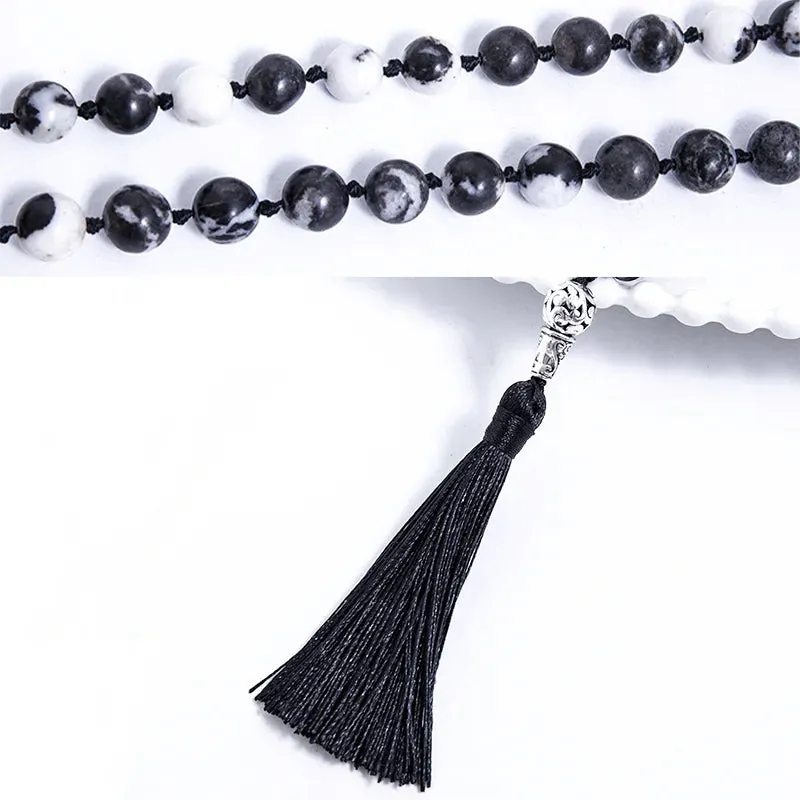 8mm Natural Zebra Stone Beaded Knotted Necklace 108 Japamala Rosary Yoga Blessing Jewelry