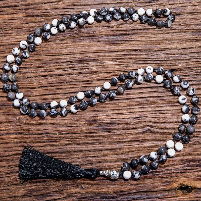 8mm Natural Zebra Stone Beaded Knotted Necklace 108 Japamala Rosary Yoga Blessing Jewelry