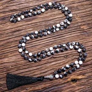 8mm Natural Zebra Stone Beaded Knotted Necklace 108 Japamala Rosary Yoga Blessing Jewelry