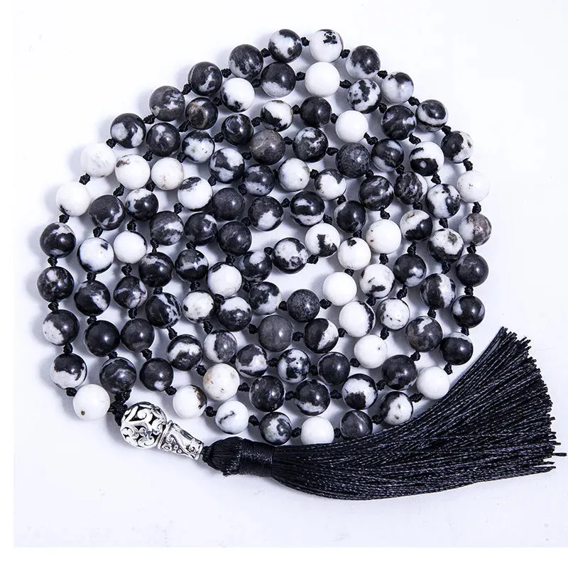 8mm Natural Zebra Stone Beaded Knotted Necklace 108 Japamala Rosary Yoga Blessing Jewelry