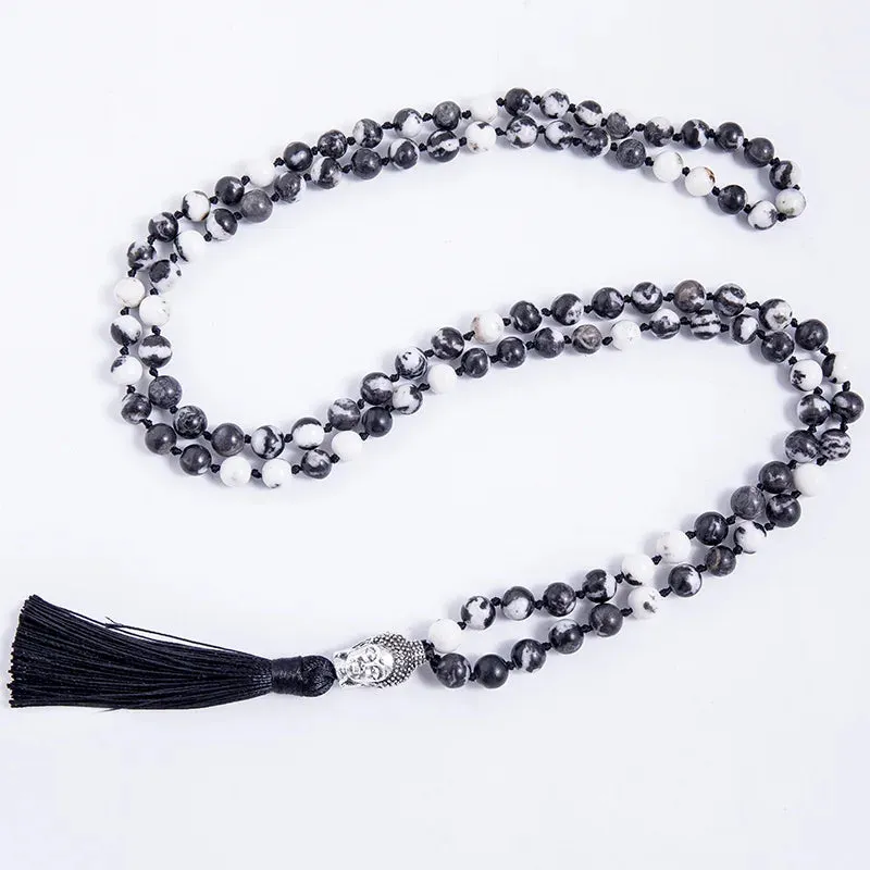 8mm Natural Zebra Stone Beaded Knotted Necklace 108 Japamala Rosary Yoga Blessing Jewelry