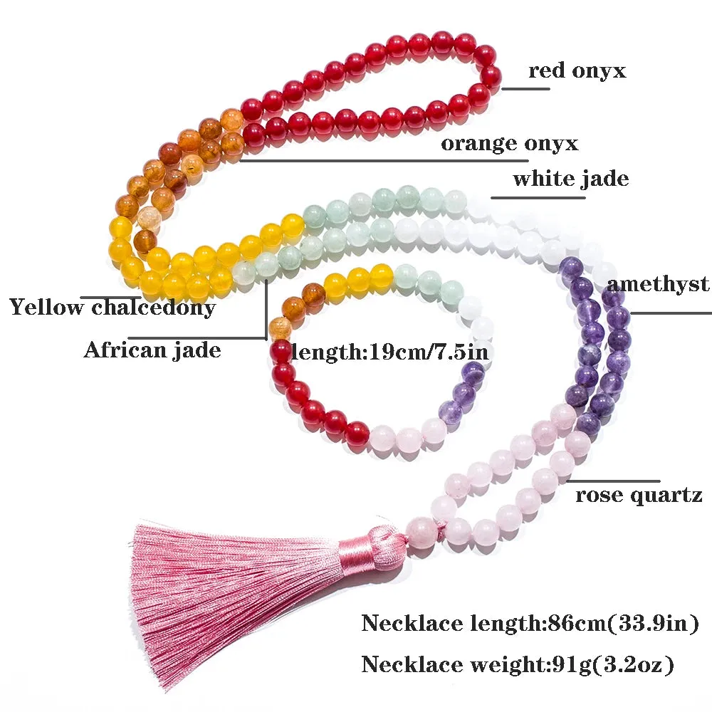 8mm Rose Quartz Amethyst White Jade Beads 108 Mala 7 Chakra Necklace Meditation