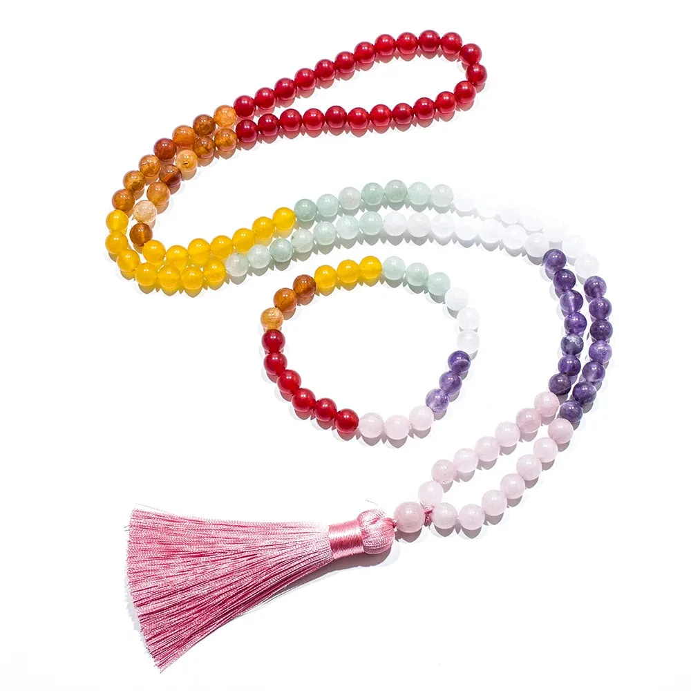 8mm Rose Quartz Amethyst White Jade Beads 108 Mala 7 Chakra Necklace Meditation