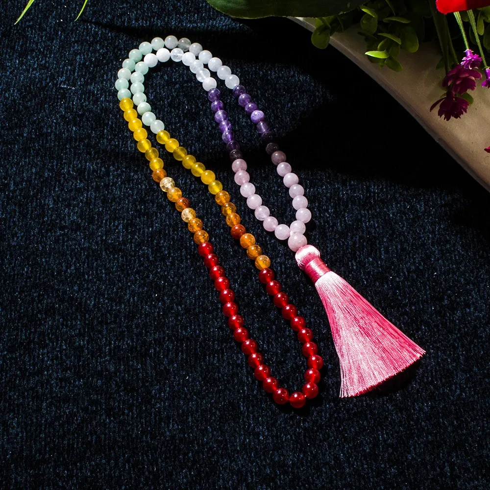 8mm Rose Quartz Amethyst White Jade Beads 108 Mala 7 Chakra Necklace Meditation