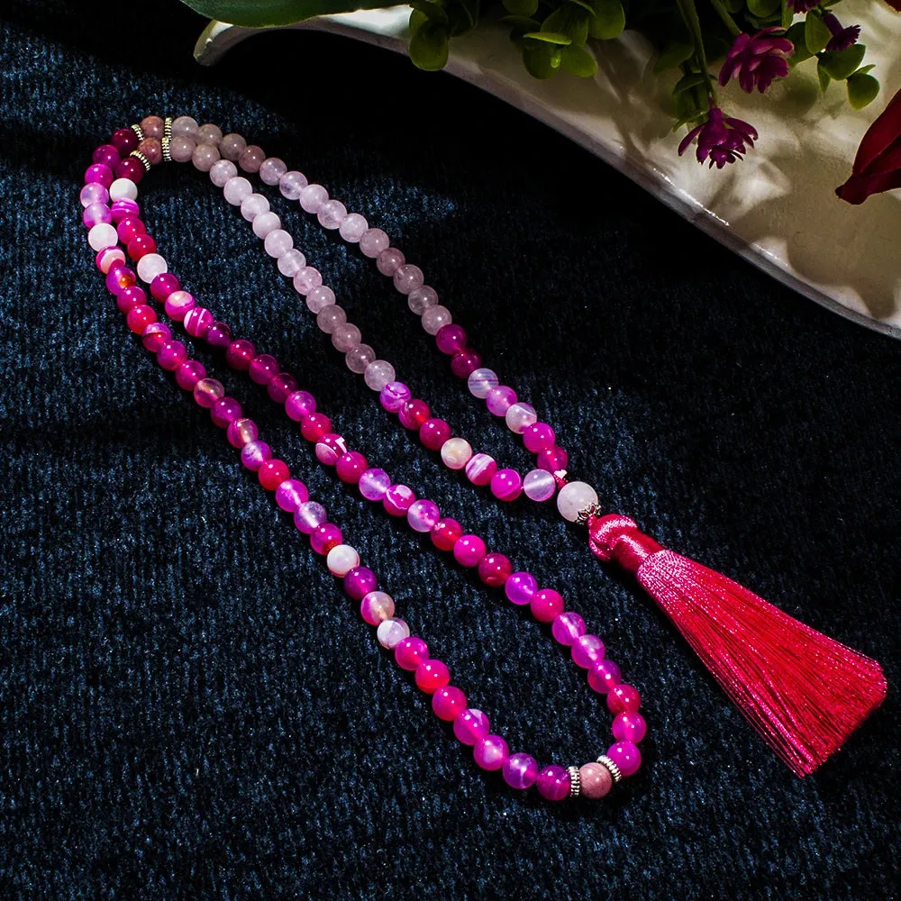 8mm Rose Red Striped Agate Rose Quartz Beads 108 Mala Necklace Meditation Yoga Prayer Jewelry Japamala Set