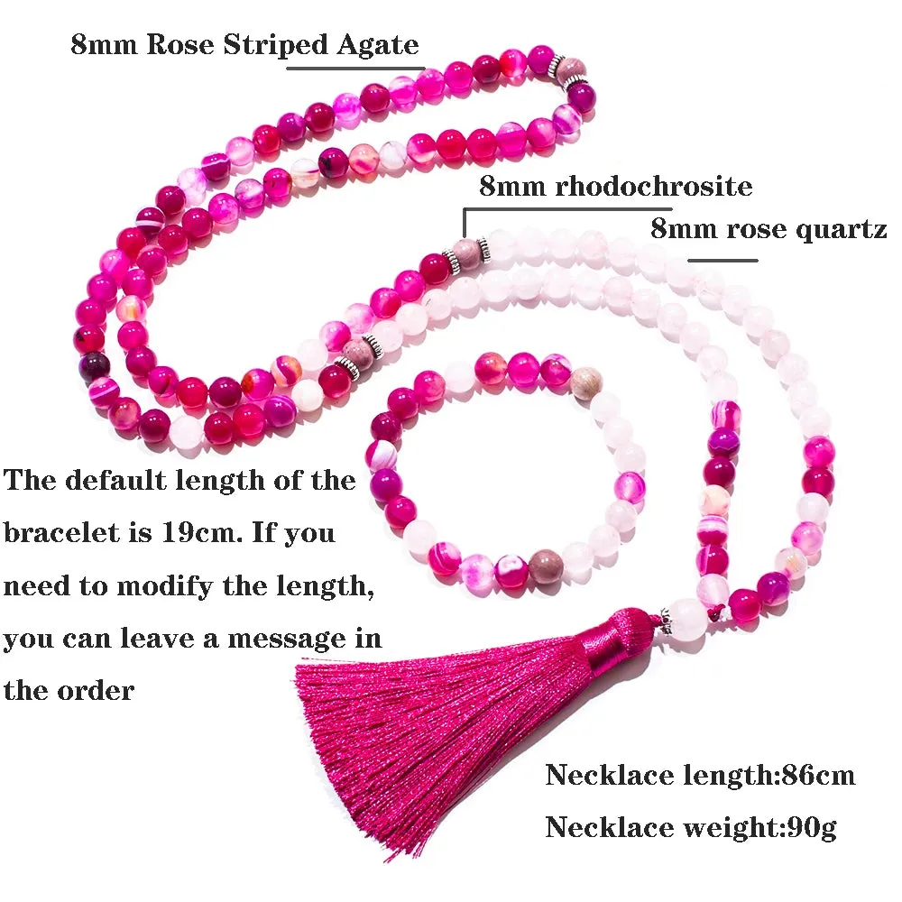 8mm Rose Red Striped Agate Rose Quartz Beads 108 Mala Necklace Meditation Yoga Prayer Jewelry Japamala Set