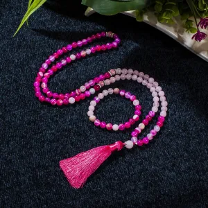 8mm Rose Red Striped Agate Rose Quartz Beads 108 Mala Necklace Meditation Yoga Prayer Jewelry Japamala Set
