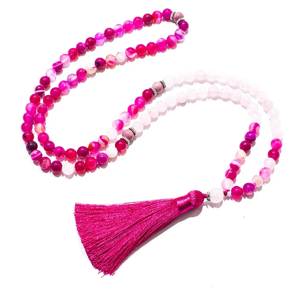 8mm Rose Red Striped Agate Rose Quartz Beads 108 Mala Necklace Meditation Yoga Prayer Jewelry Japamala Set