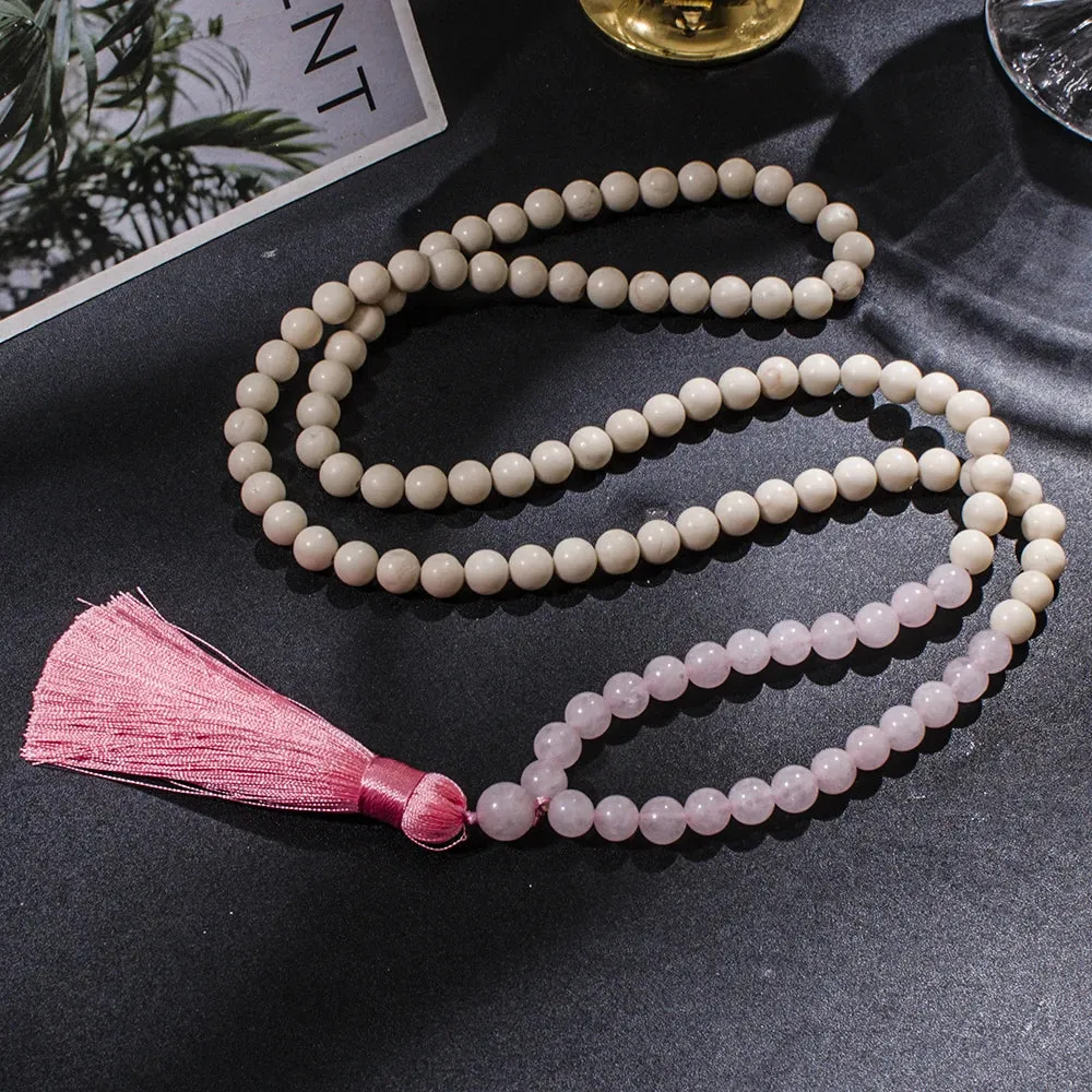 8mm White Fossil Rose Quartz Beaded 108 Mala Necklace Meditation