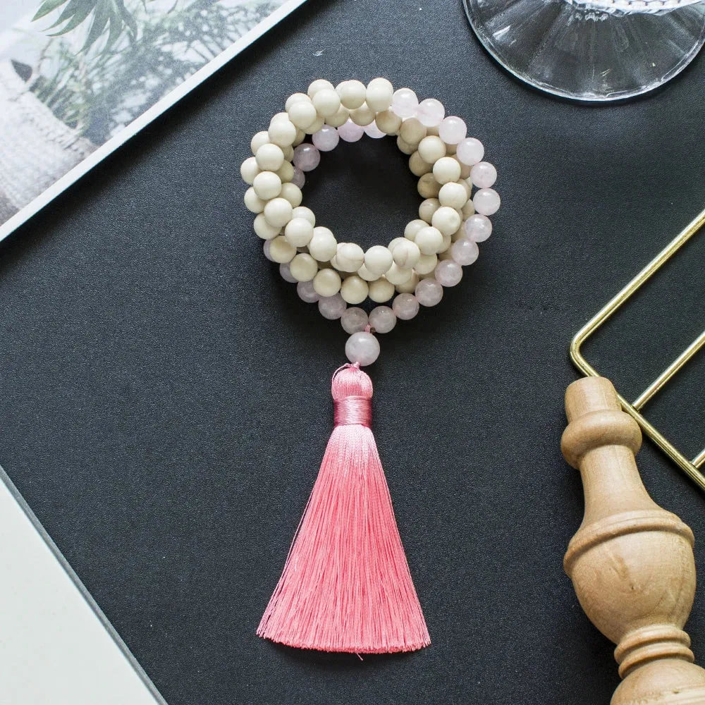 8mm White Fossil Rose Quartz Beaded 108 Mala Necklace Meditation