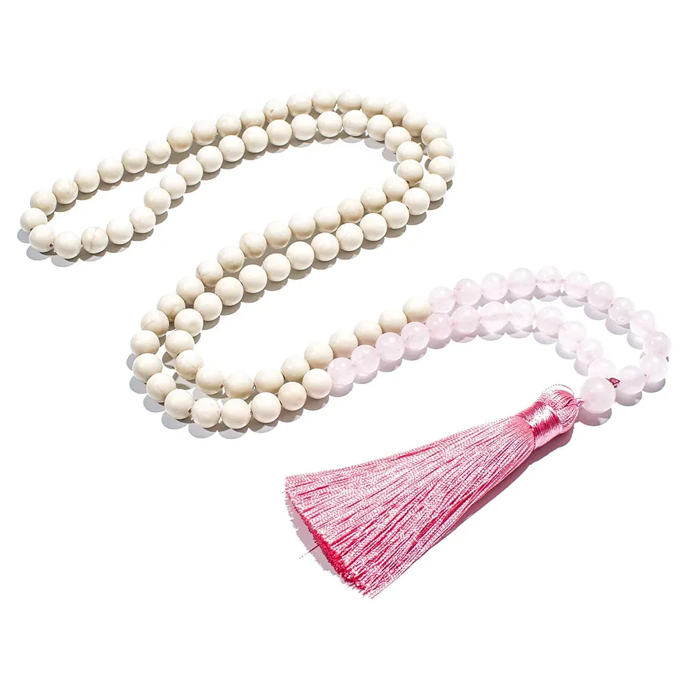 8mm White Fossil Rose Quartz Beaded 108 Mala Necklace Meditation