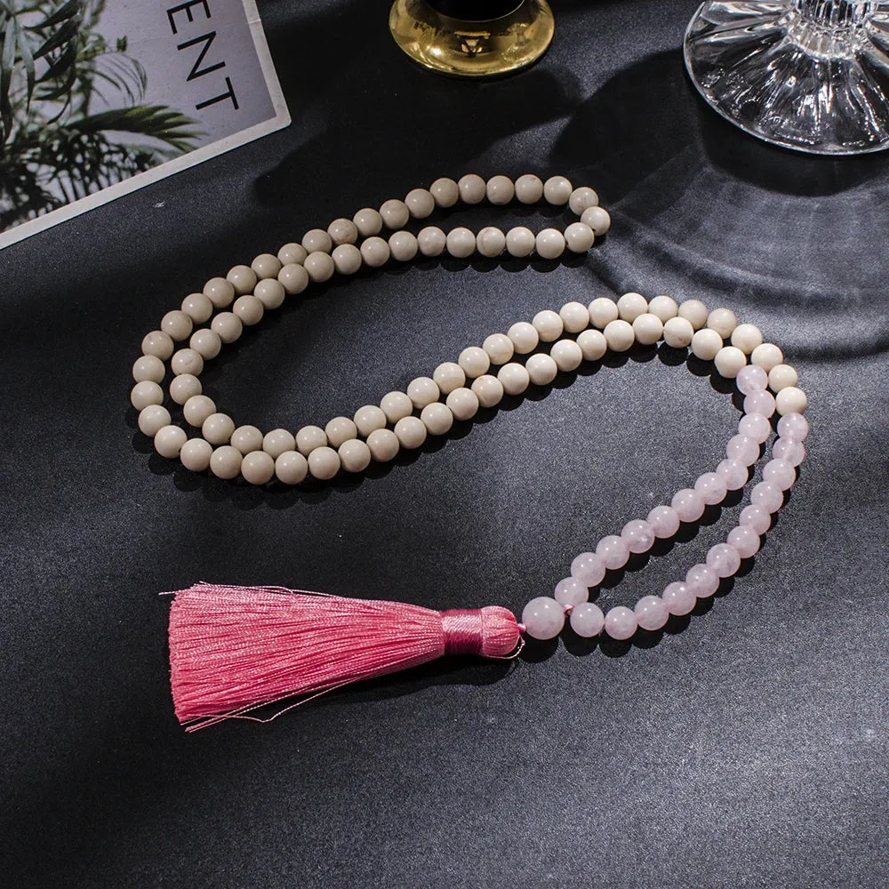 8mm White Fossil Rose Quartz Beaded 108 Mala Necklace Meditation